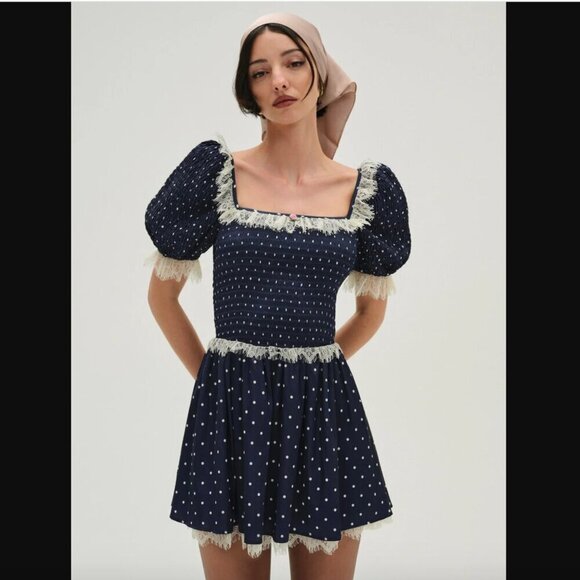 For Love & Lemons Ines Navy Blue & White Polka Dot Lace Trim Mini Dress S NWT - Picture 1 of 8